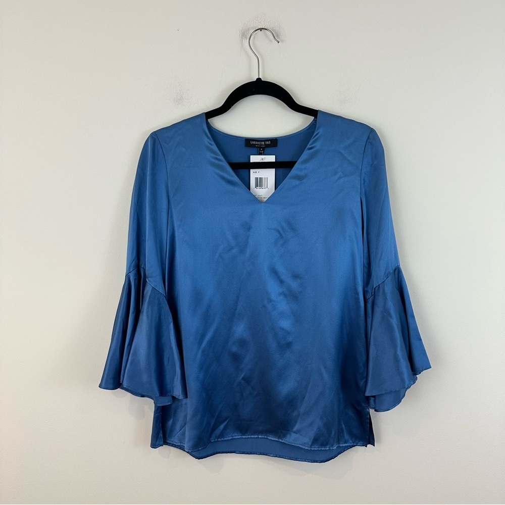 Lafayette 148 Blue Silk Bell Sleeve V-Neck Blouse Size P NWT